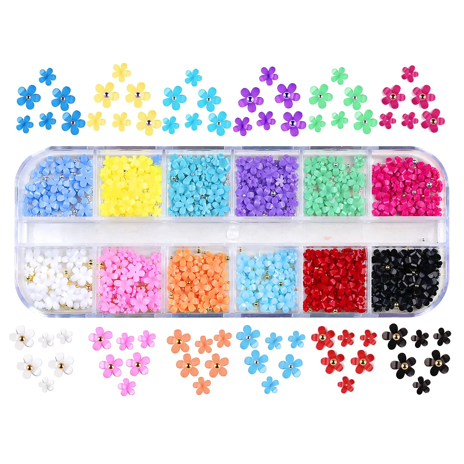 12 Grids 3D Acrylic Flower Nail Parts Decoration Mixed Steel Beads Gems Charms Kawaii Nail Supplies For Professional Accessories
