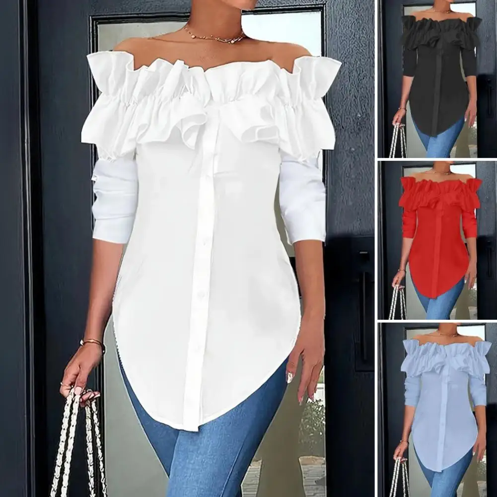 

One Shoulder Blouse Stylish Off Shoulder Ruffle Women's Shirt with Long Sleeve Single Breasted Design Casual Solid for Everyday