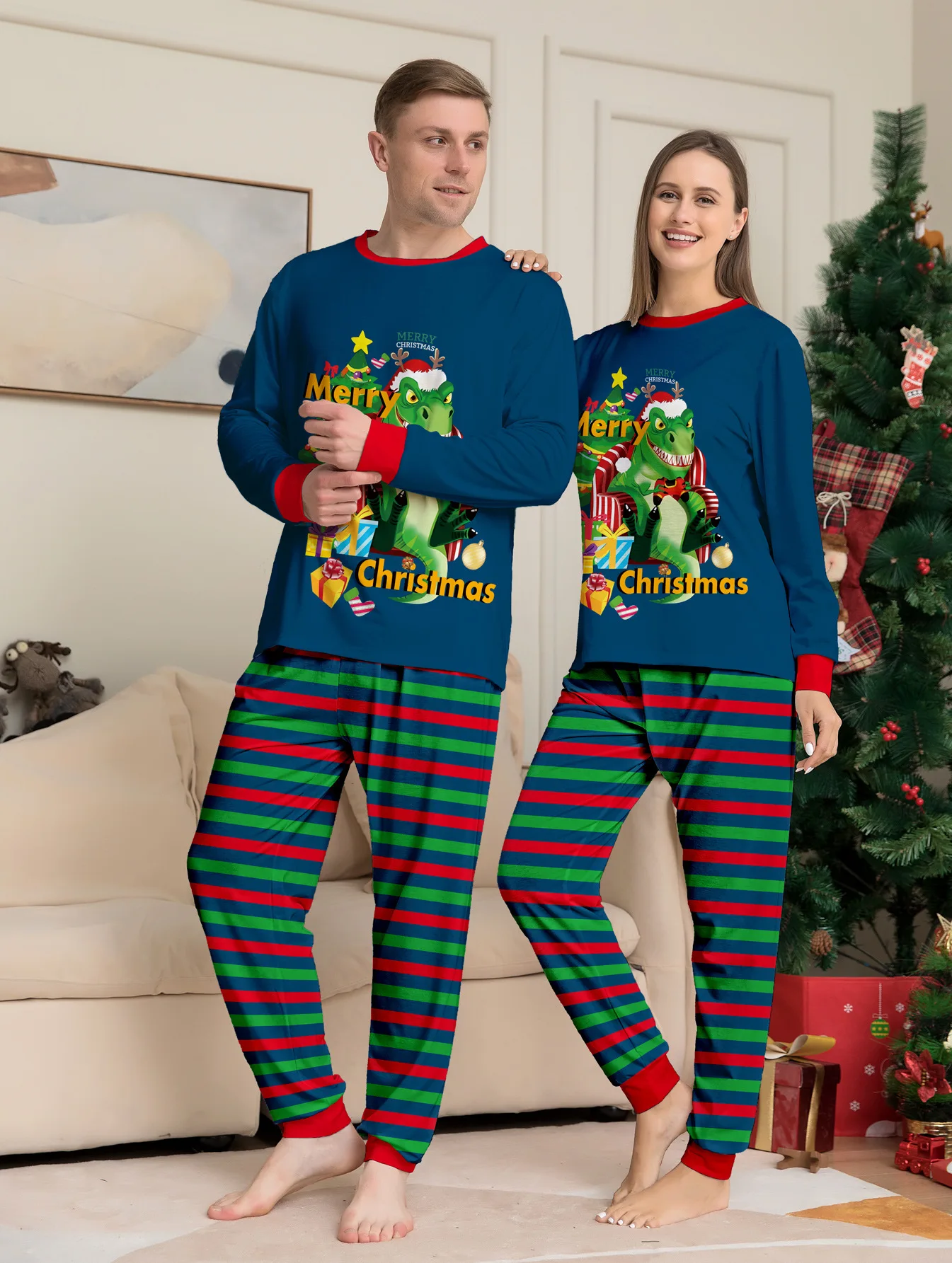 2024 New Winter Family/Couple Matching Outfits 3d Dinosaur Print Christmas Pajamas Set Soft Cute 2 Pieces Suit Xmas Look Pyjamas