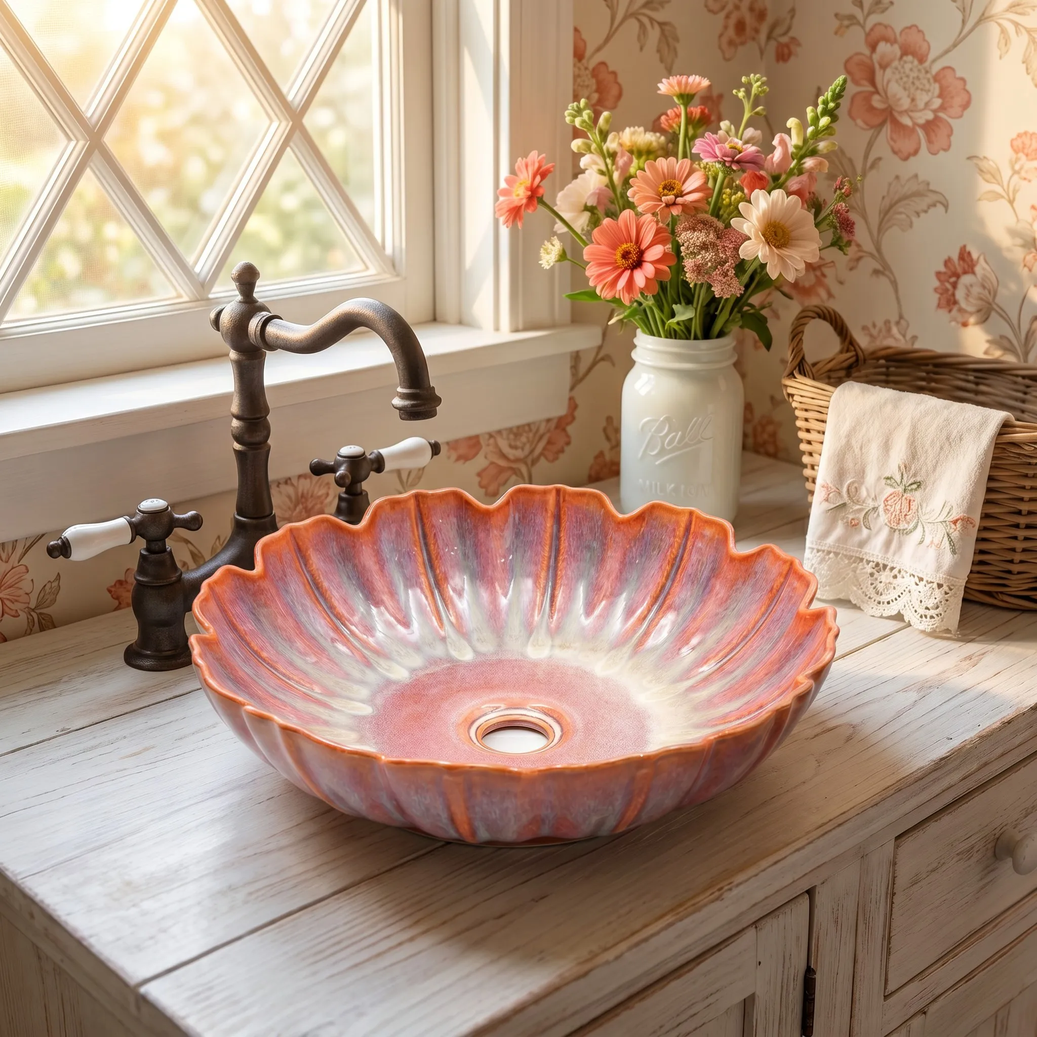 R*# High-End Modern Farmhouse Flower Pattern Eco-Friendly Water Resistant Ceramic Art Basin for Hotel Hospital Bathroom