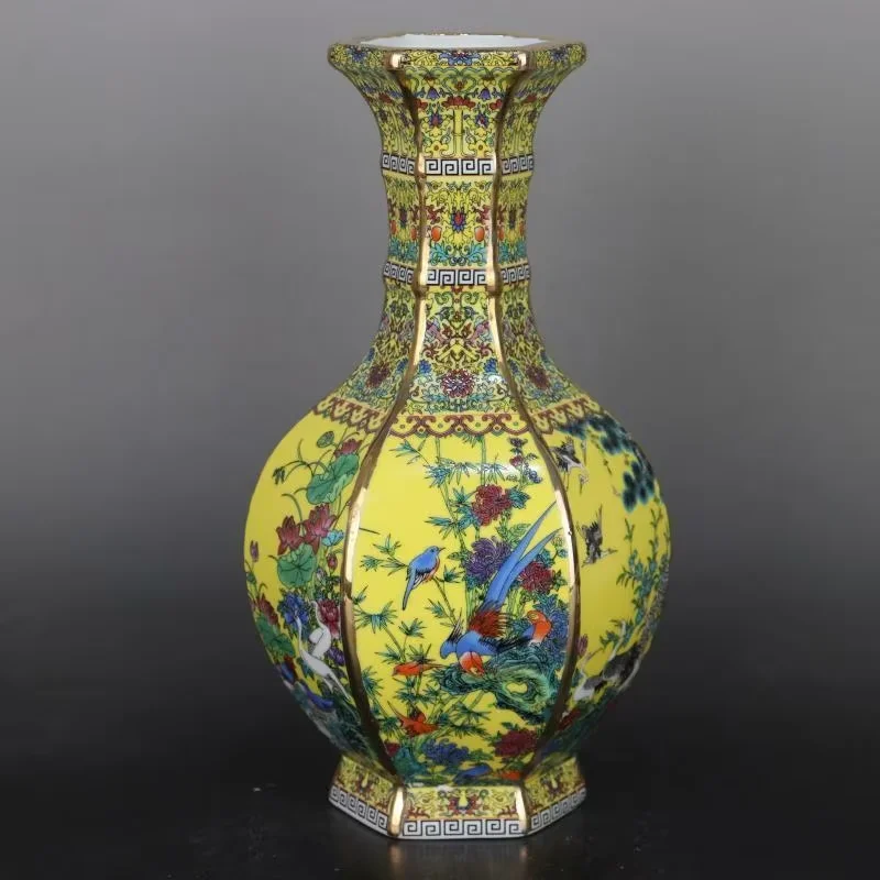 

Chinese Yellow Enamel Porcelain Qing Qianlong Flowers Bird Design Vase 10.1 Inch