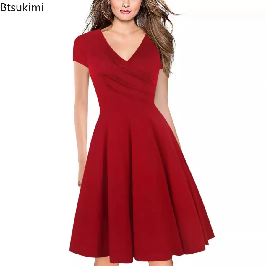 

2025 Women's Summer Basic Elegant Dresses Fashion V-neck Short-sleeved Slim Midi Dress Women Casual Party Pleated A-line Dress