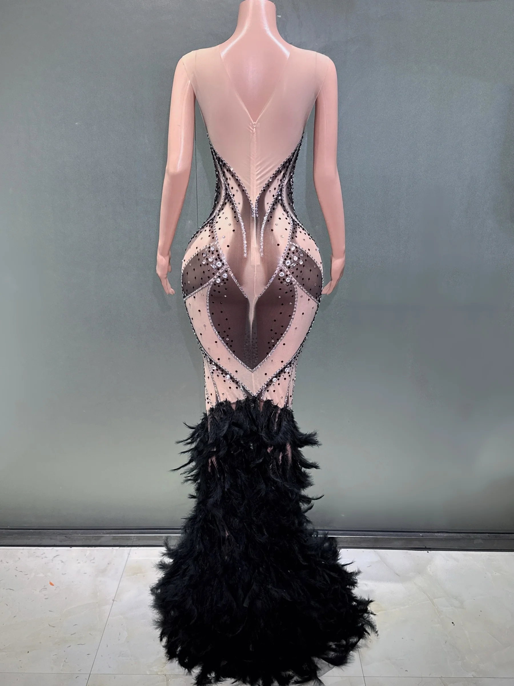 Black Rhinestones Feather Sexy See-Through Fishtail Dress Evening Party Performance Costume Nightclub Singer Dancer Stage Wear