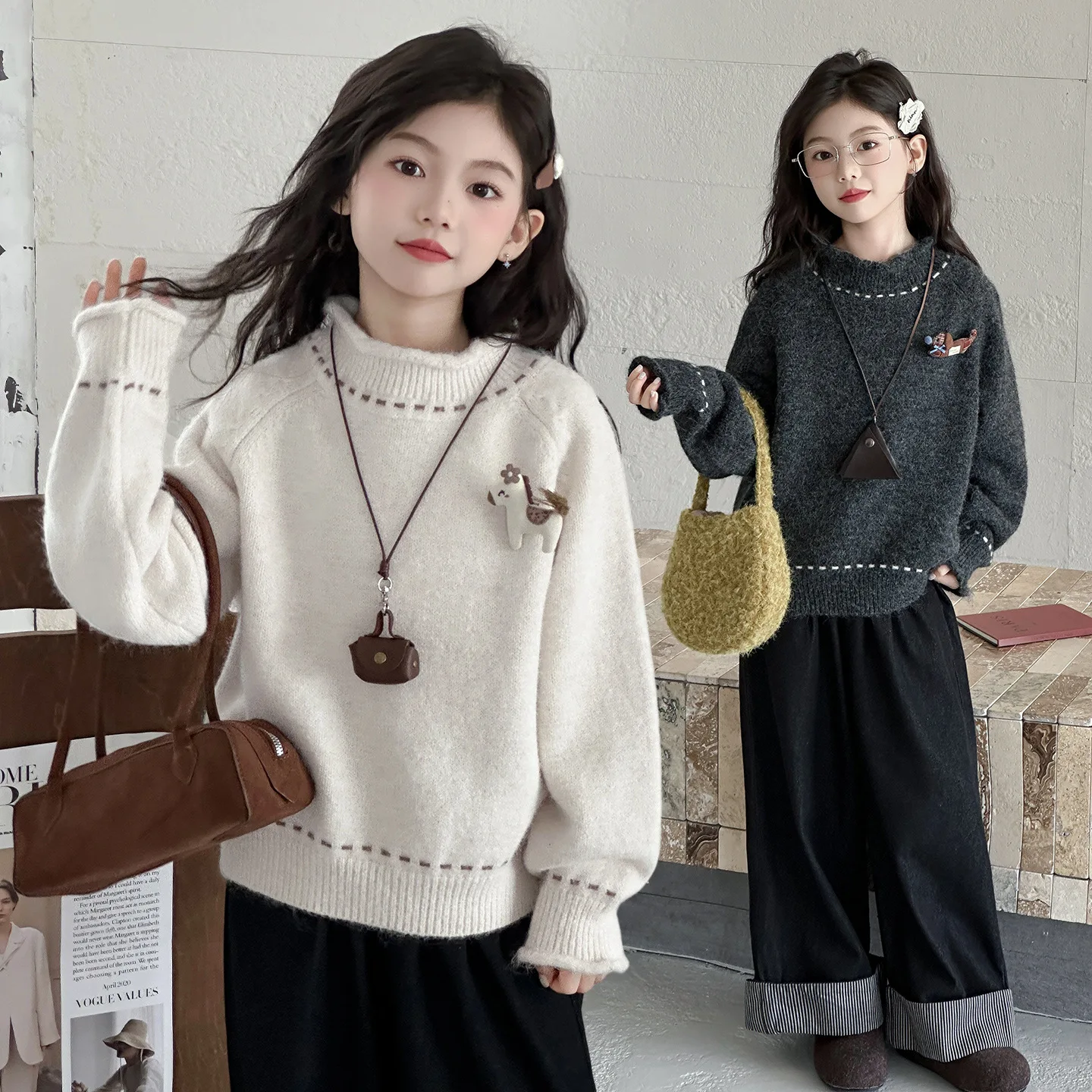 

Girls' Sweater Autumn and Winter 2025 New Girls' Thickened Pullover Knitted Top Children's Winter Thread