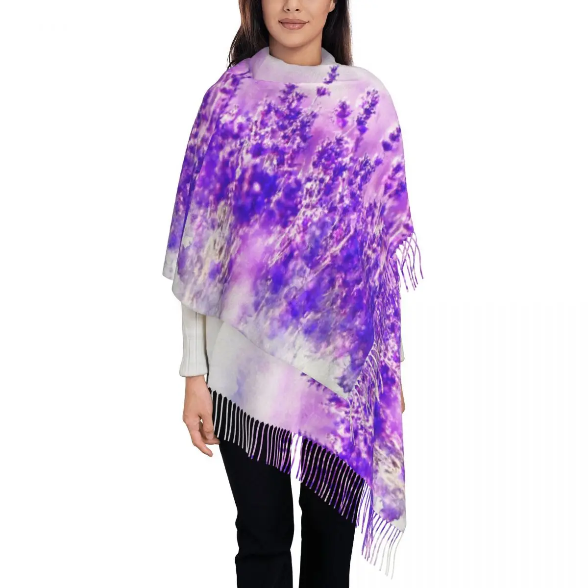 Lavender Fields Scarf with Tassel Beautiful Purple Flowers Outdoor Shawls and Wrap Unisex Head Scarves Winter Retro Foulard