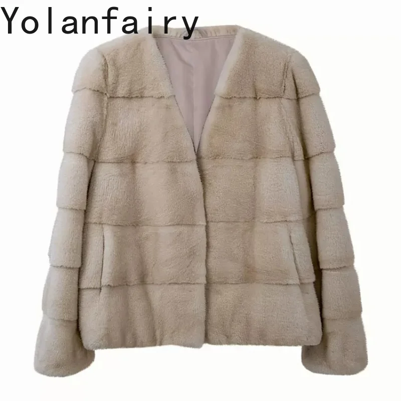 YOLANFAIRY 2026 High-end Velvet Whole Mink Fur Coat Woman Real V-neck Elegant Winter Natural Mink Fur Jacket Pearl Color Casacos