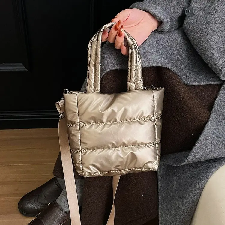 Trendy Women's Crossbody Bag Winter 2025 Pure Color Handbag Wide Shoulder Strap Cotton Coat Bag Casual Simple Style