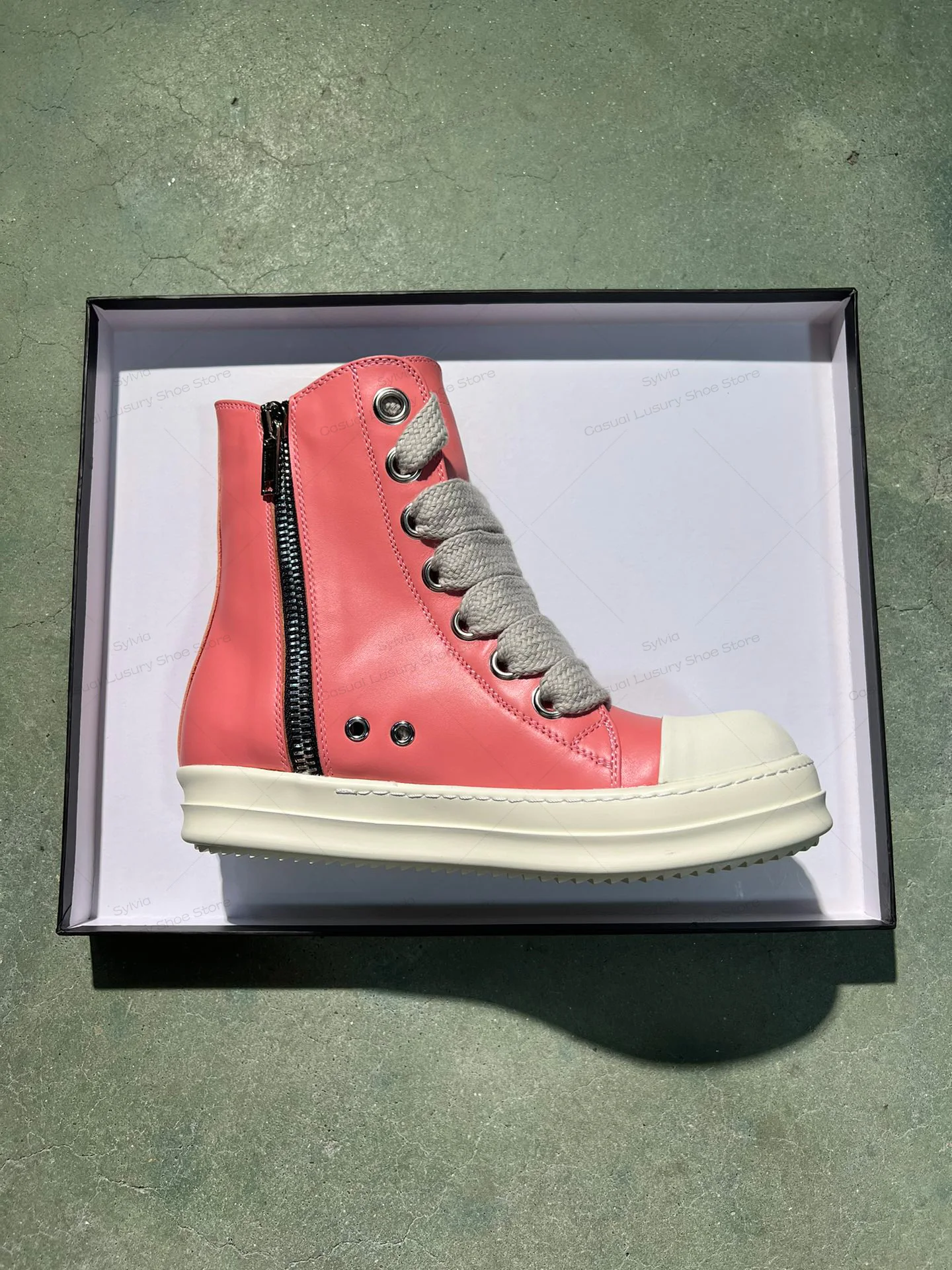 

Ricks Classic Peach Pink Leather High Top Owens Мужская обувь Ботильоны на толстой подошве Женские винтажные дизайнерские кроссовки Owens на плоской подошве со шнуровкой