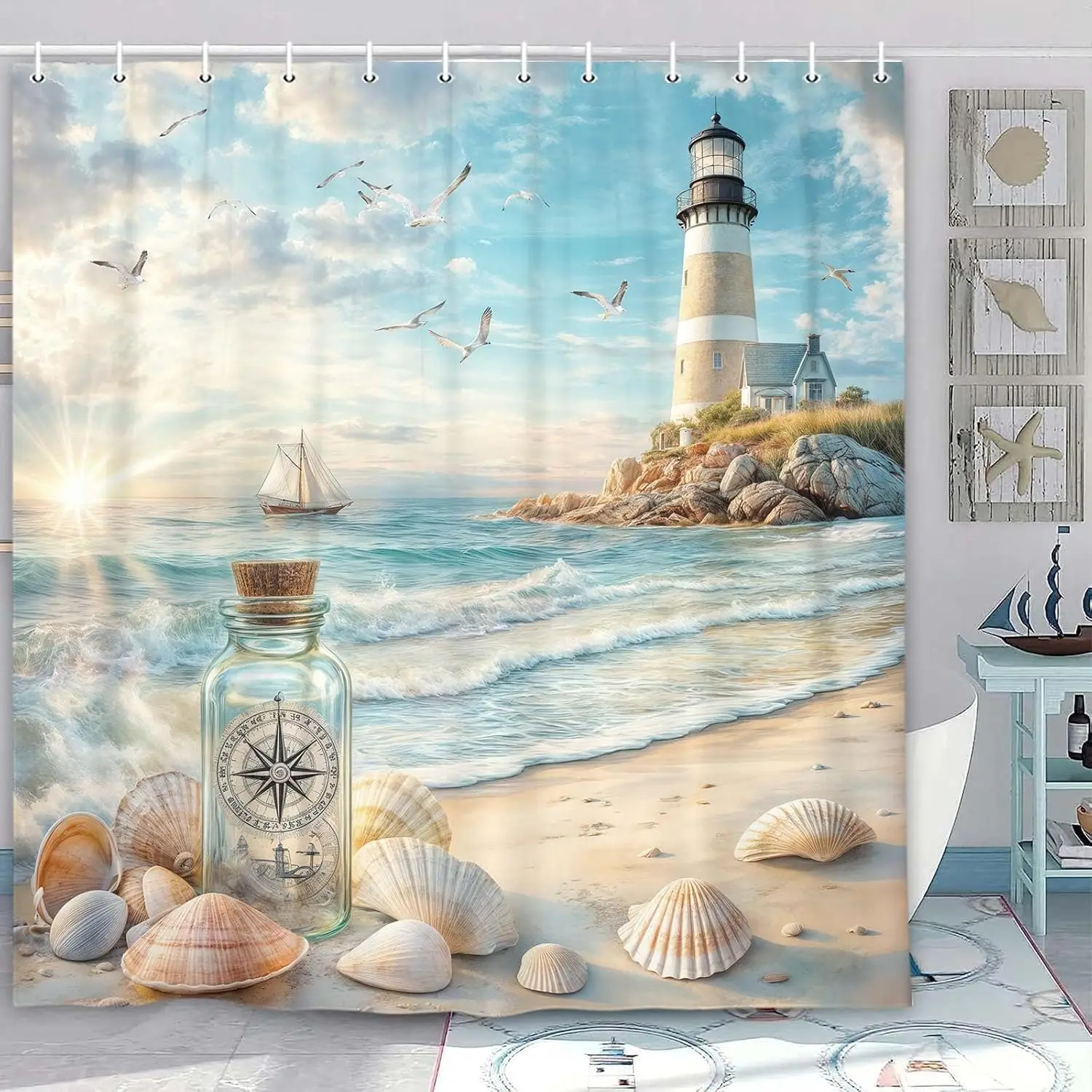 

Lighthouse Sailboat Compass in Bottle Shower Curtain Nautical Adventure Print for Bathroom