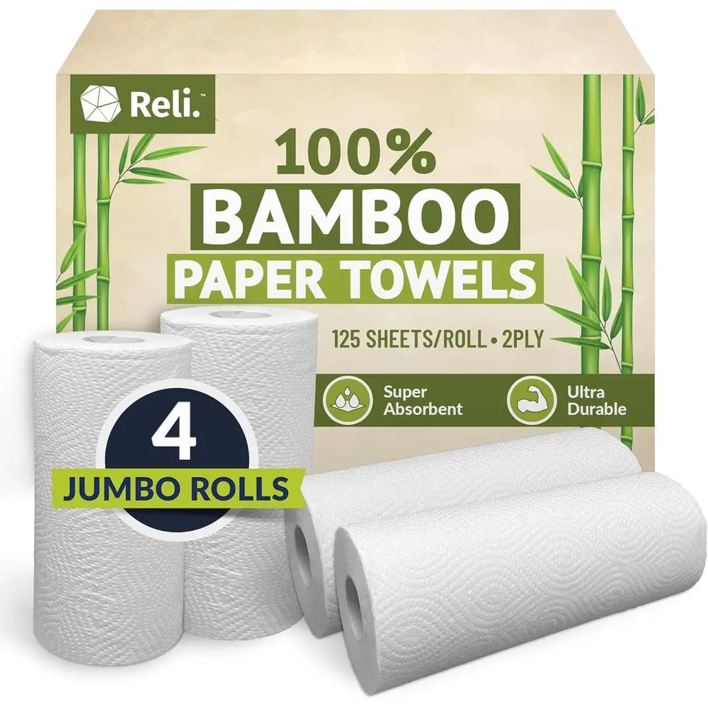 Organic Bamboo Paper Towels - 4 Pack, Jumbo Size, 125 Sheets/Roll, 2 Ply, Unbleached