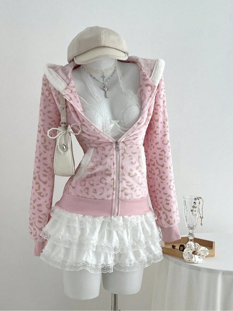 Sweat-shirts pour femmes Zip-up Grunge Gyaru à capuche gothique Top Mignon rose léopard pinte à capuche Y2k vêtements esthétique des années 2000