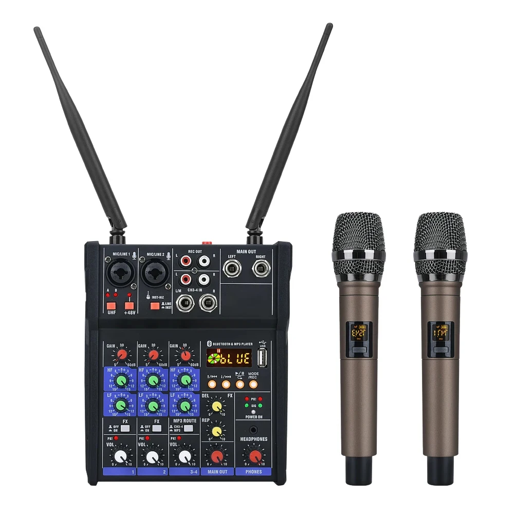 Stereo Audio Mixer Build-in UHF Wireless Mics 4 Channels Mixing Console with Bluetooth USB Effect for DJ Karaoke PC Guitar