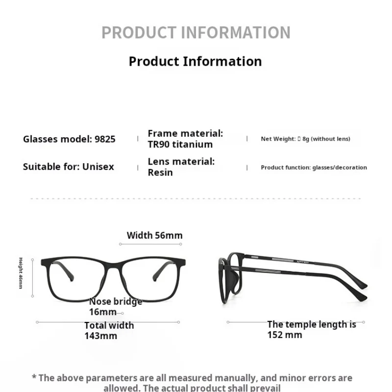 Men's TR90 Anti Blue Light Casual Reading Glasses, Refractive Power+50 to+300, Customized Prescription Myopia 9825