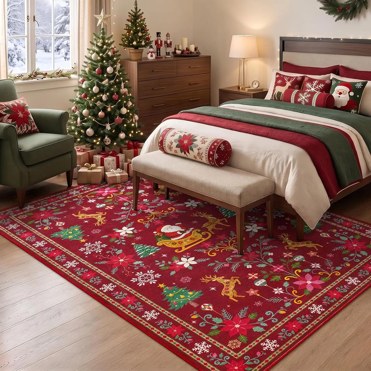 1pc 2D Flat Red Background Santa Sleigh Reindeer Printed Floor Mat, Decorative Rug for Living Room, Bedroom, Dining Room, Home