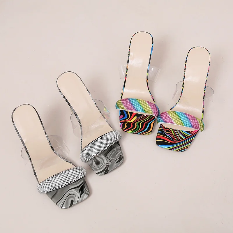 36-43 Size Women's Shoes 2026 New Style Women's Outdoor Wear Square Toe Straight Diamond High-heeled Sandals for Women