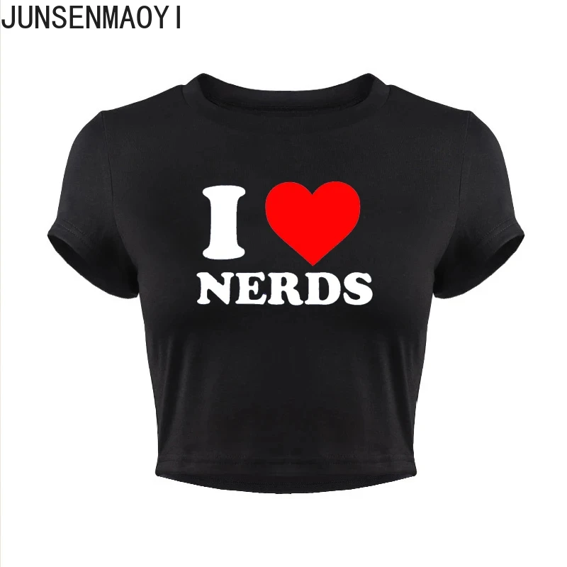 I Love Nerds Red Love Heart Print Pattern New Summer Cute Baby Short Sleeve O Neck Cropped Navel Women Crop Tops Fashion T-Shirt