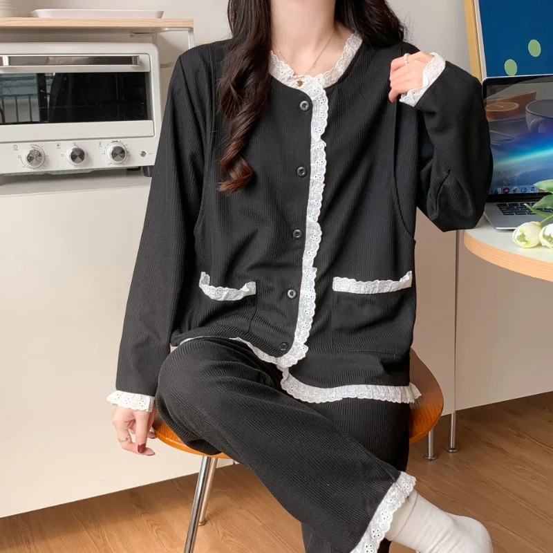 New Spring Pregnant Women's Pajamas Long-sleeved Breast-feeding Postpartum Plain Lace Maternity Home Suit