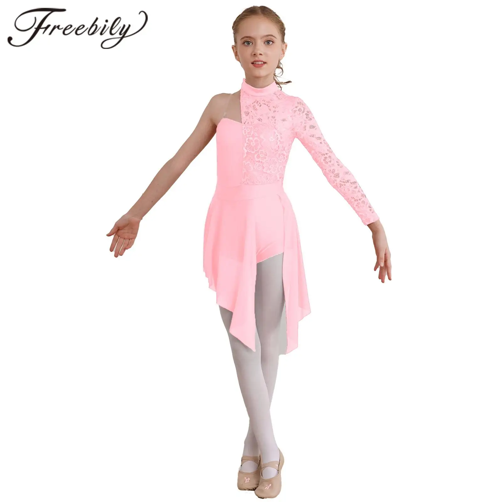 

Kids Girl Figure Skating Leotard Dress Lace Asymmetric Split Modern Ballet Lyrical Modern Dance Costume Gymnastics Dancewear