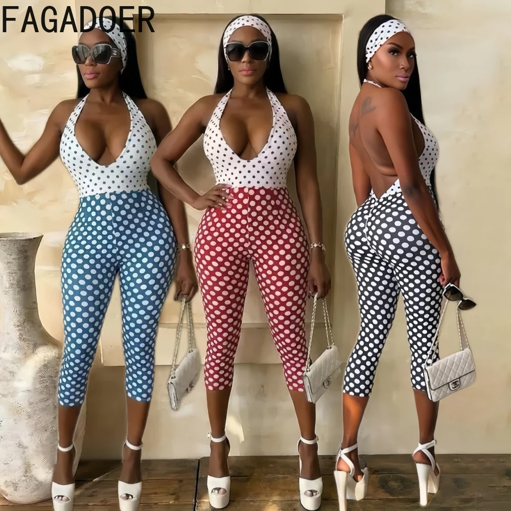 

Сексуальный комбинезон FAGADOER с принтом в горошек и пэчворком, женский комбинезон с глубоким V-образным вырезом и открытой спиной, уличная одежда для женщин