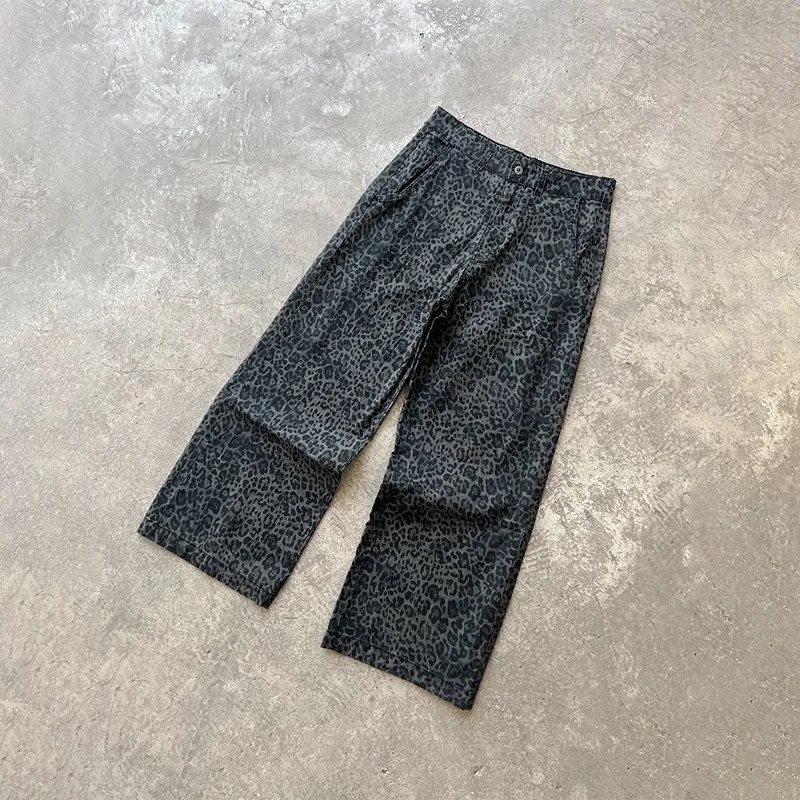 

Y2K винтажные потертые брюки с леопардовым принтом и высокой талией, повседневные свободные широкие брюки, модная мужская и женская уличная одежда в стиле хип-хоп