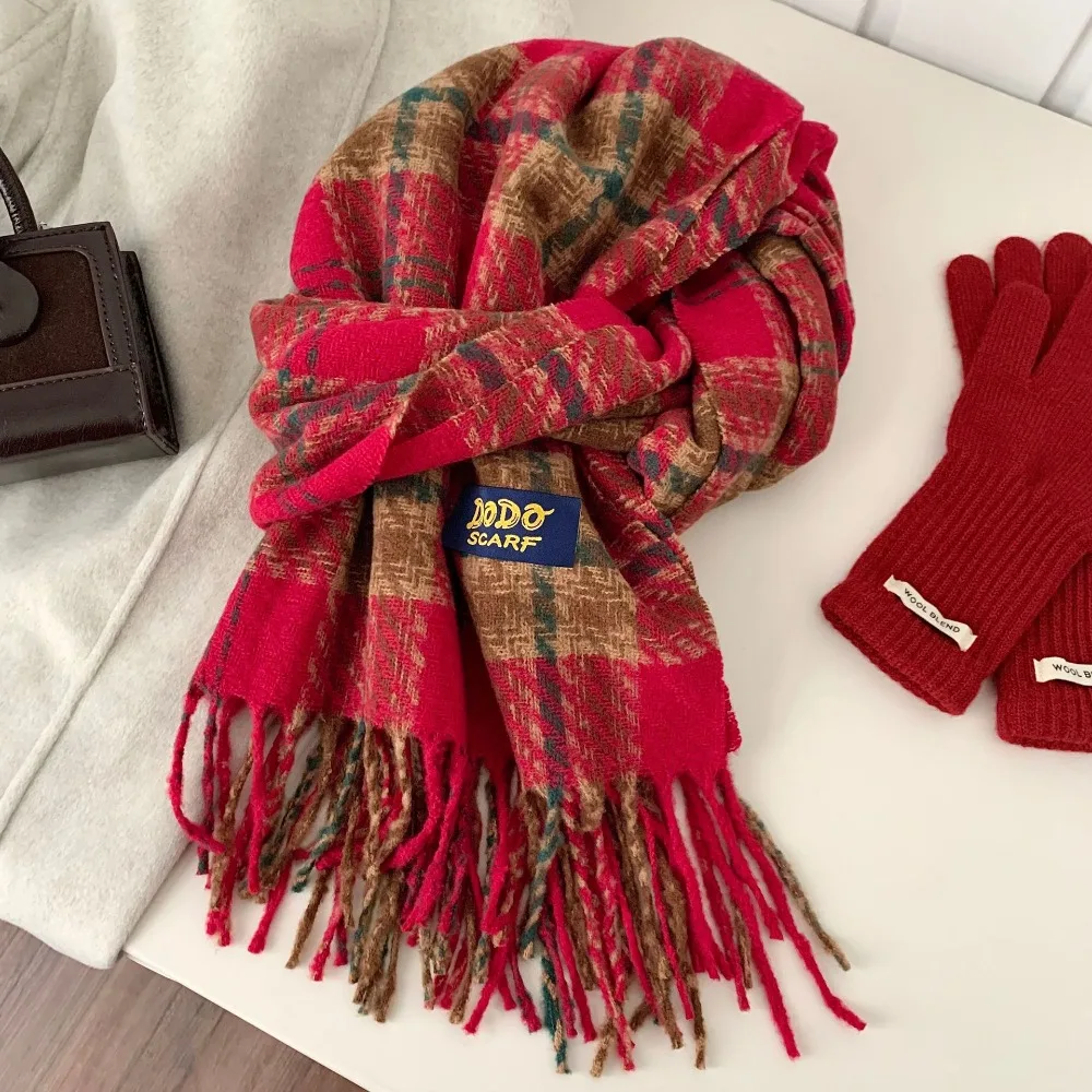 

Элегантный милый клетчатый шерстяной шарф с кисточками, новогодние зимние вязаные шарфы, однотонная накидка, студенческая накидка