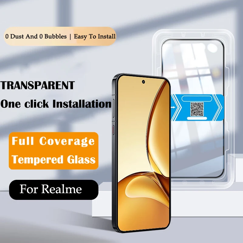 20D One-click Installation Kit Tempered Glass For Realme V60 V13 V50S V30 Q5 Q3 Pro C33 C30S C55 C53 Note 60 50 Screen Protector