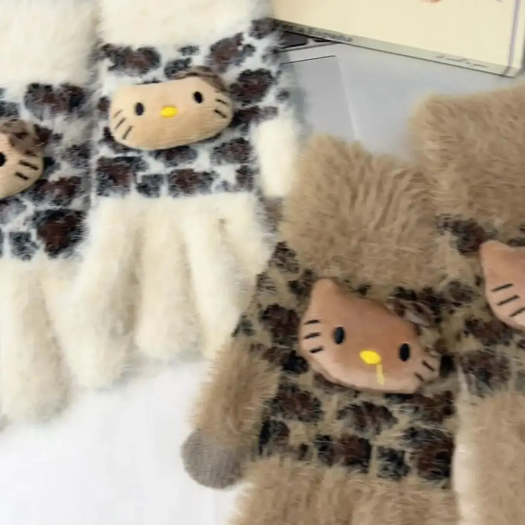 

Sanrio KT Cat Gloves Fashion Winter Leopard print Five Finger Gloves Plush Warm Cold-proof Gloves Women Outdoors Cycling Mittens