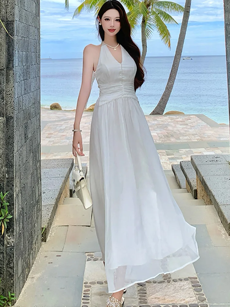 2025 Nowa Biała Elegancka Sukienka Damska z Kokardą na Szyi, Seksowna Długa Sukienka Luksusowa Sukienka z Diamentami Letnia Koreańska Moda Obcisła Sukienka Wieczorowa