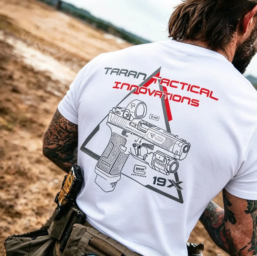 Taran Tactical Innovations 19X Pistol Back Graphic Print Unisex T Shirt Crew Neck Short Sleeve Tee Tactical Outdoor Shooting