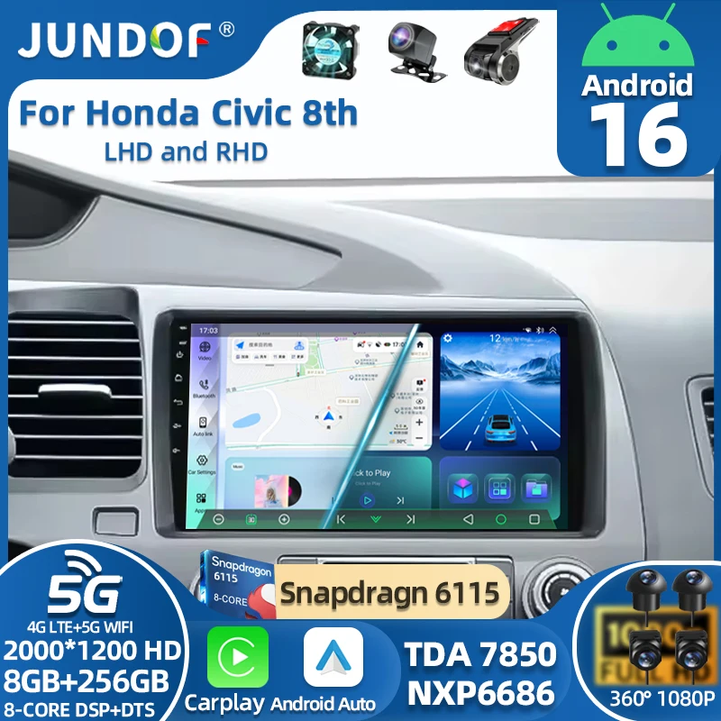 

Jundof 9" Android 16 Carplay Car Stereo Radio for Honda Civic 8 2005 - 2012 Multimedia Player Navigation GPS 2 Din 4G Audio DVD