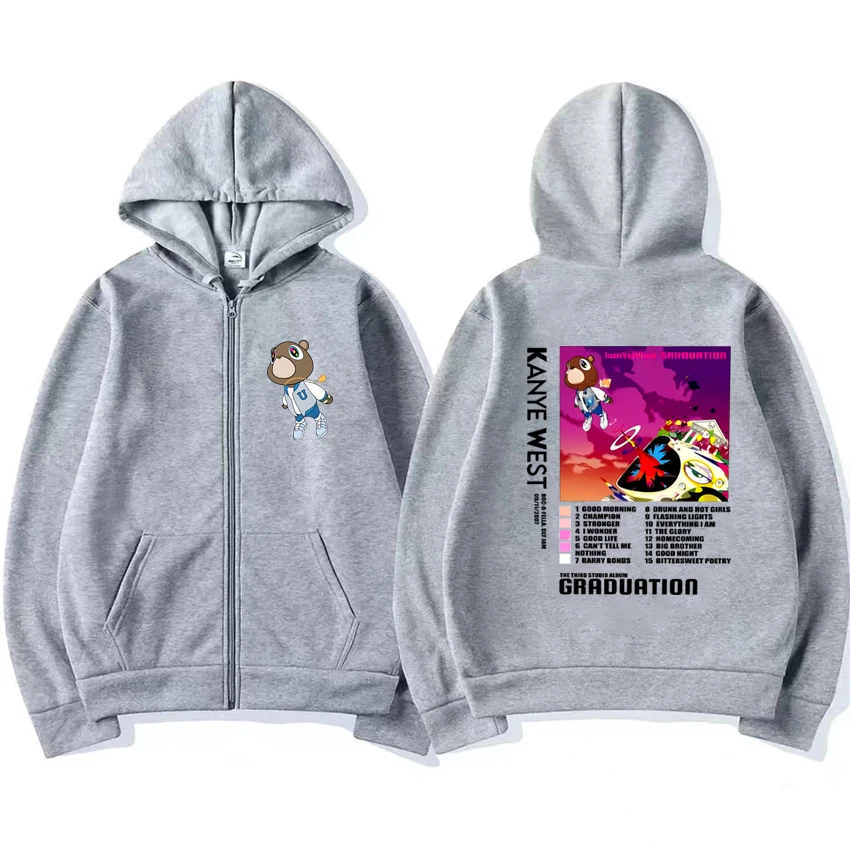 Kanye West kelulusan beruang Hip Hop pria wanita, jaket Hoodie bertudung ritsleting Unisex, pakaian jalanan kasual vintage pria dan wanita