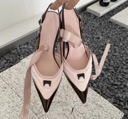 

Женские летние балетки с перекрестными ремешками, розовые и черные, с острым носком, на высоком каблуке, с пряжкой, в необычном стиле, модная обувь
