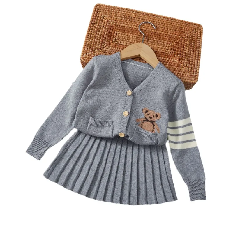 Autumn Winter Korean Baby Girl Clothes Dress Set Cartoon Knit Cardigan+Pleated Short Skirt 2Pcs Kid Toddler Suit Children Outfit