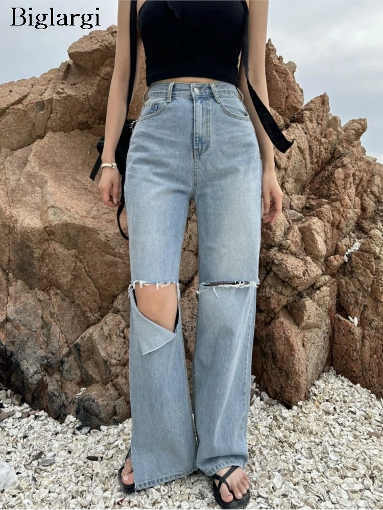 

Jeans High Waist Summer Long Straight Pant Women Hole Fashion Loose Wide Leg Pleated Ladies Trousers Korean Style Woman Pants