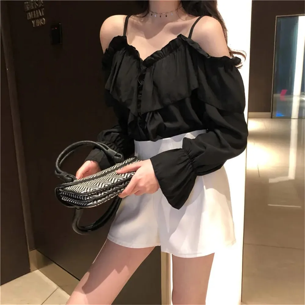 Y2K Ruffles Sexy Off Shoulder Blouses Women Party Design Stylish Ulzzang Long Sleeve Harajuku Solid All-match Soft Ins Crop Tops