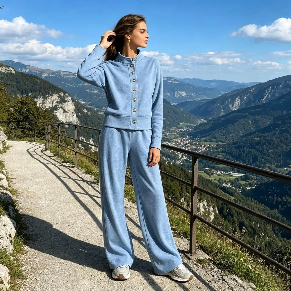2026 Two Piece Set for Women Elegant Suit with Wide Leg Pants Women Solid Cardigan Set Stand Collar Single Metal Button Short Ja