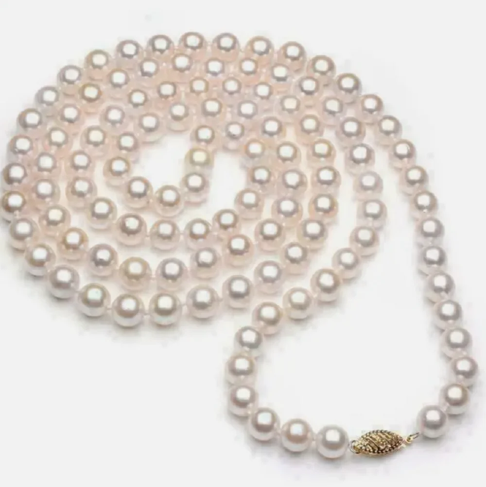 

AAAAA 7-8mm Perfect Akoya White Pearl Necklace with 36 inch 14k Gold Buckle 20in---36in