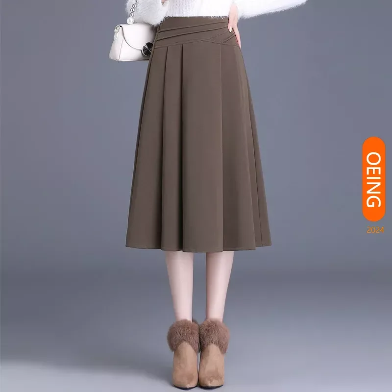 

2024 Spring Autumn Pleated Spliced A-line Long Skirt Women Elegant Chic Slim Fit Casual High Waist Coffee Black Skirts Lady 9929