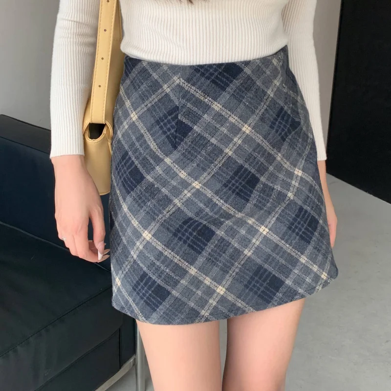 Real Shot Autumn New High Waist Plaid Woolen Skirt for Women Vintage Checkered Bodycon Short Skirt A-line Skirt