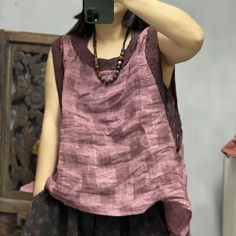 2026 Summer New Arts Style Sleeveless Loose Tank Tops All-matched Casual Plaid Jacquard Cotton Linen Carnivals Women Top F2818