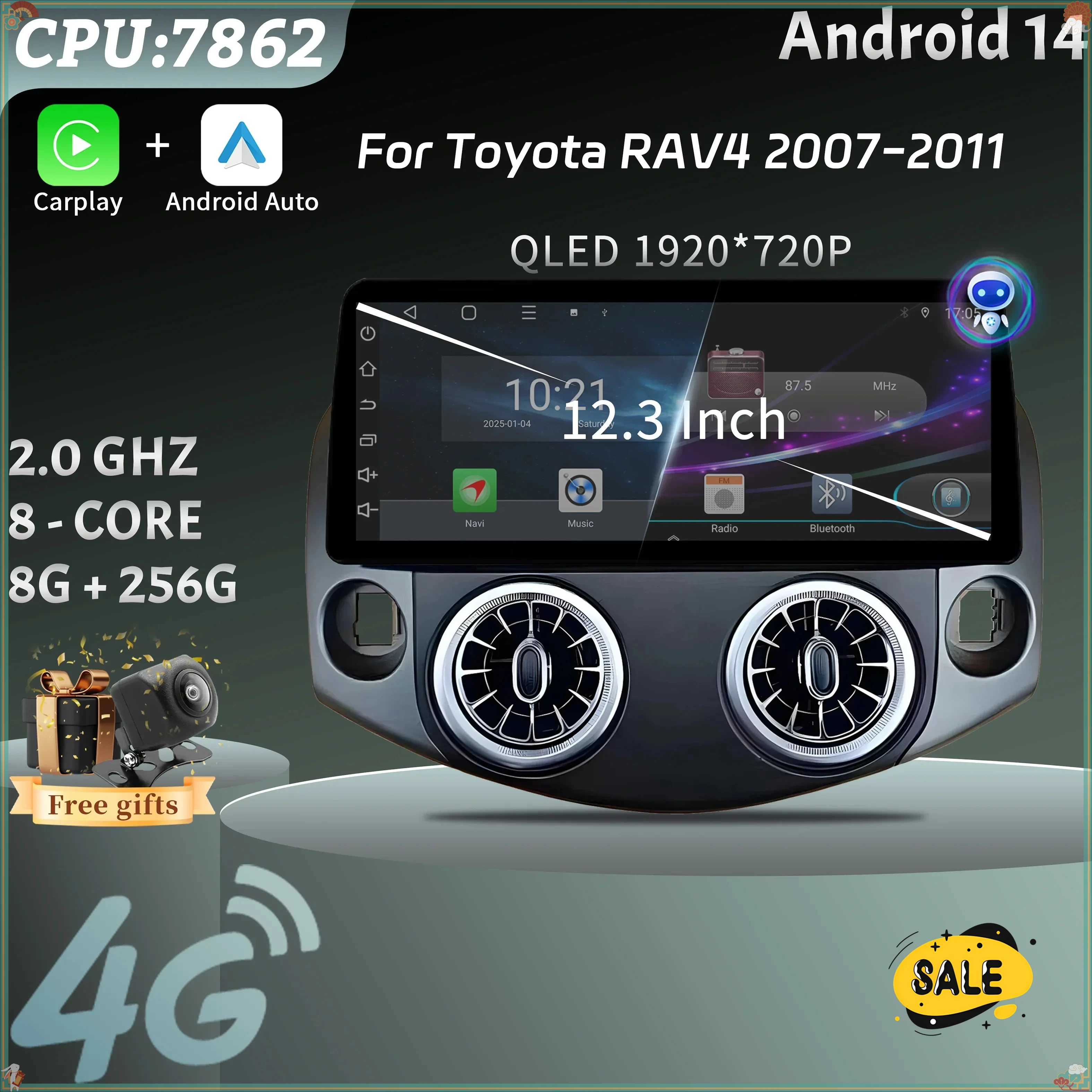 Car Radio Multimedia 12.3inch GPS Navigation Wireless  BT CarPlay Android 14 Stereo Touch Screen For Toyota RAV4 2007-2011
