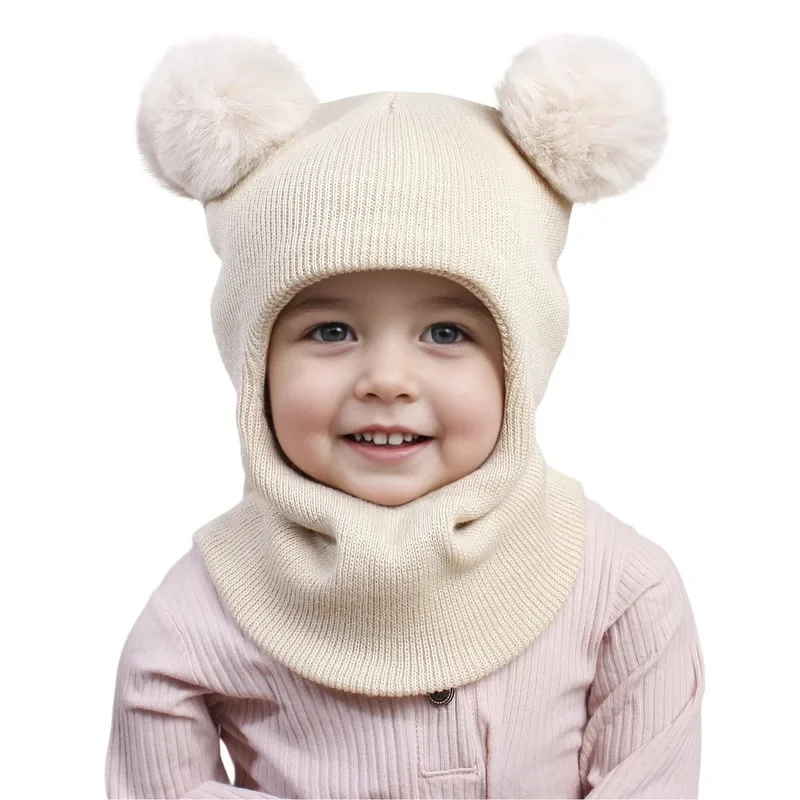 3-12Y autumn and winter double-ball pullover cap, children's double-ball ear-protecting one-piece cap, solid-color cute woolen