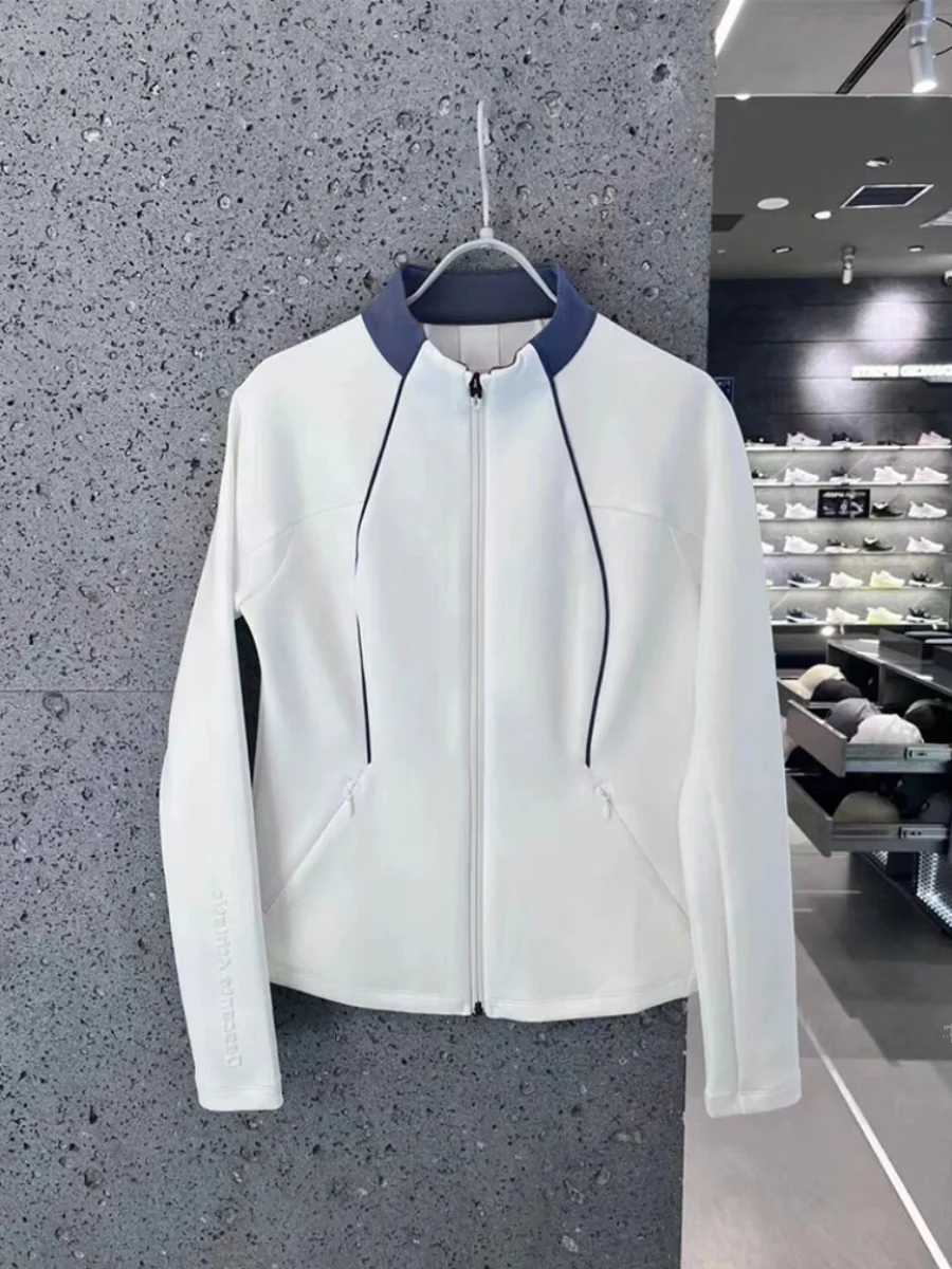 

Elegant White Fitness Clothes Women's Winter Upper Body Versatile Sports Style Jacket Korean Version Long Sleeve Coat