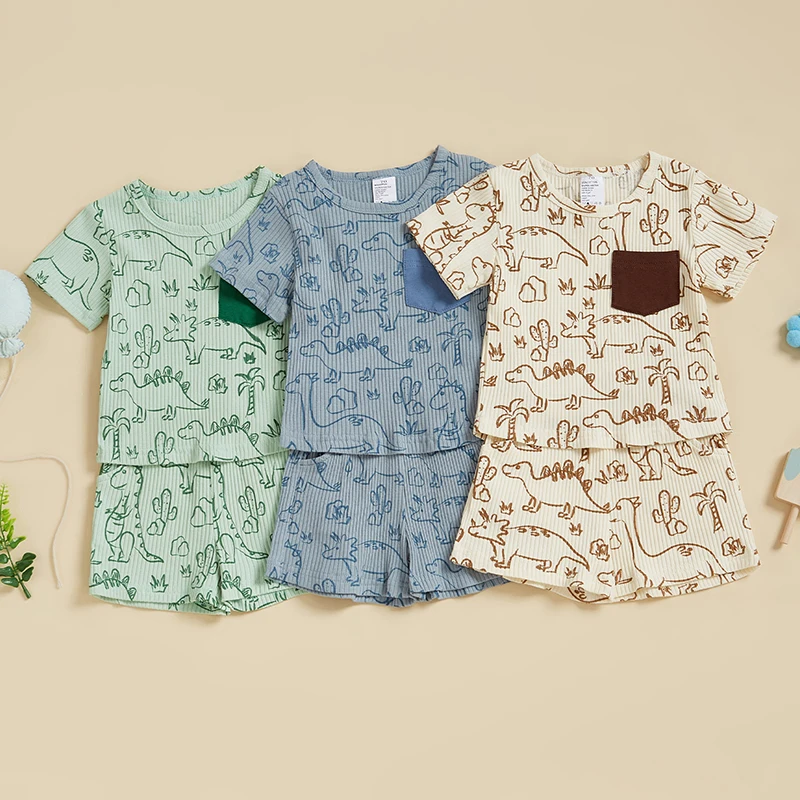 

2Pcs Baby Boy Summer Outfits Short Sleeve Dinosaur Embroidery Tops + Plaid Shorts Set Toddler Clothes