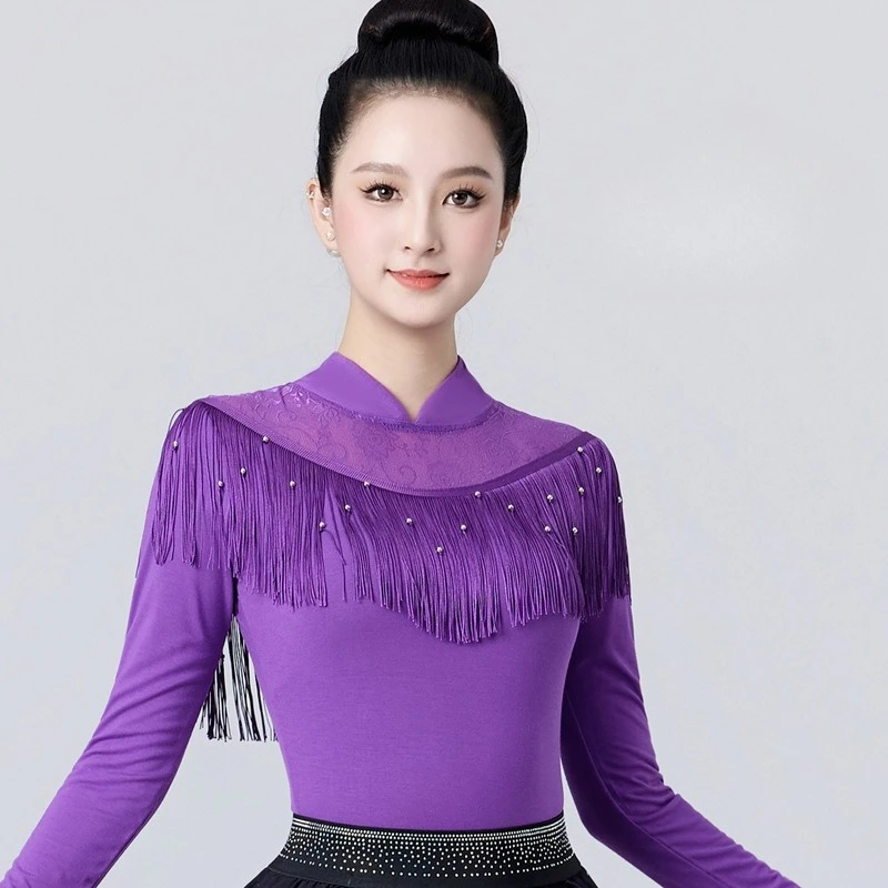 여성용 뉴 라틴 및 볼룸 댄스 탑 - 성인용 프리미엄 슬림핏 몸매를 돋보이게 하는 에티켓 모던 댄스 트레이닝 웨어