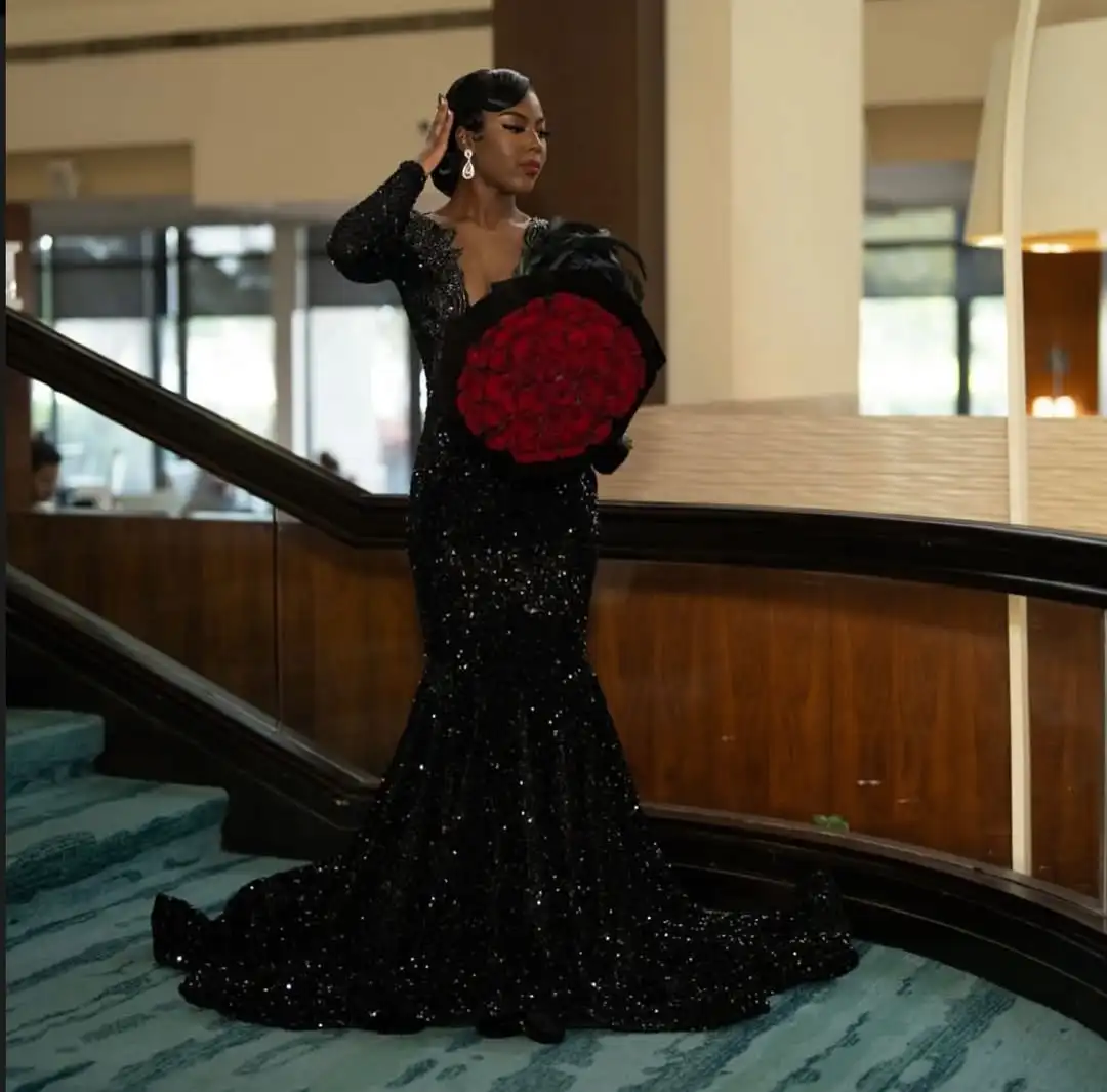 

Вечернее платье Radia May с черными пайетками и эффектом русалки, женское, с открытой спиной, с перьями, длинное, для выпускного вечера, новинка 2026 года, для официальных мероприятий, BP106, на заказ