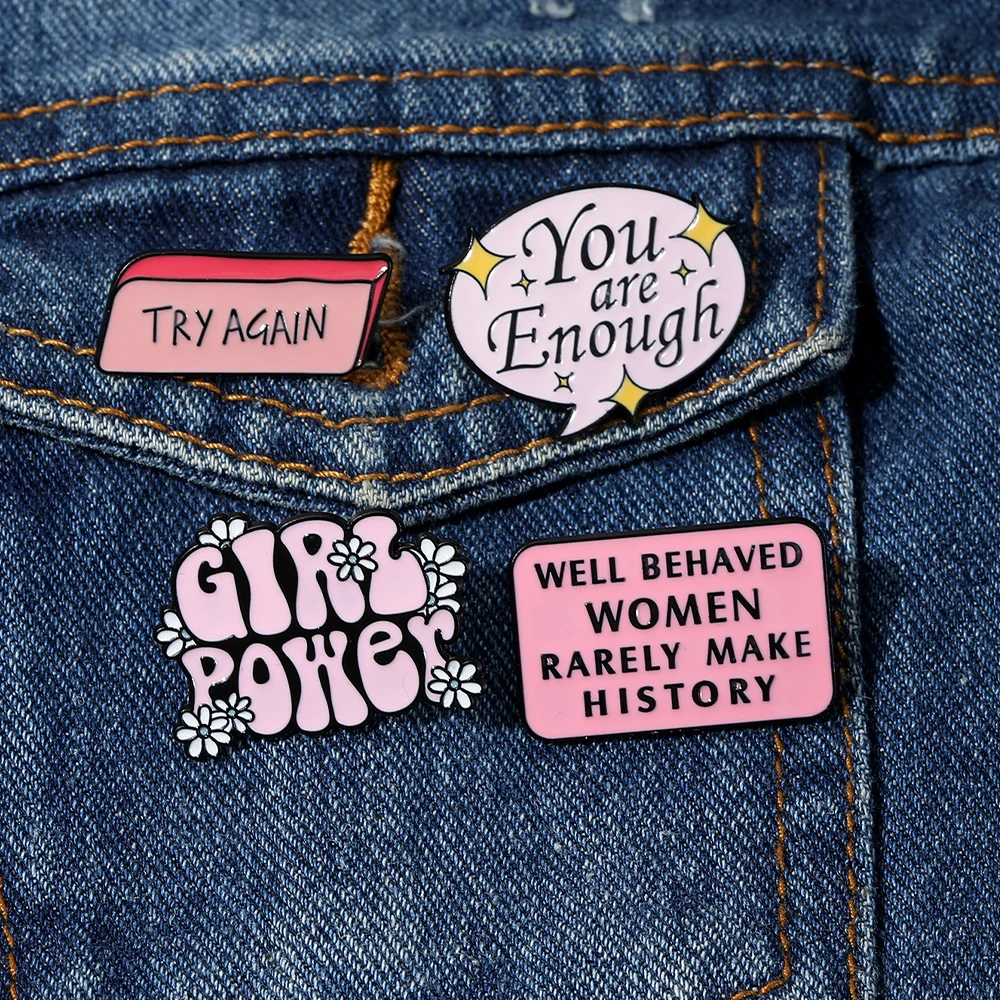 Pink Motivational Phrase Enamel Brooches Positive Try Again/Girl Power/You're Enough Letter Design Pins