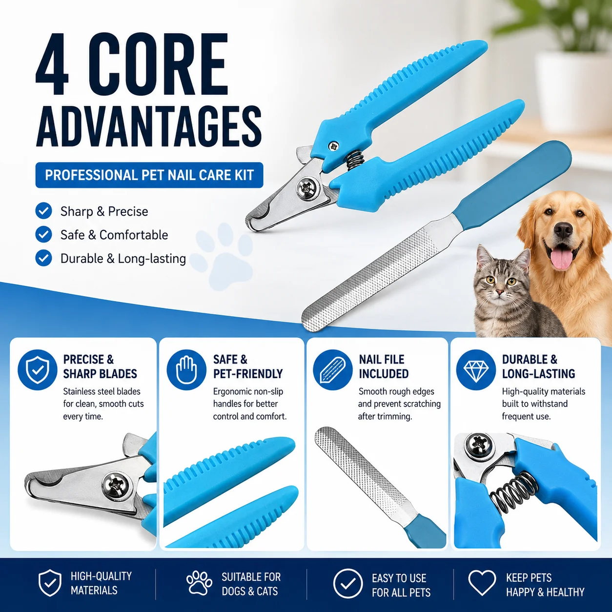 Cat Nail Clipper with Nail File Stainless Steel Pet Nail Trimmer Safe Grooming Cutter for Cats Kittens Portable Non Slip Handle