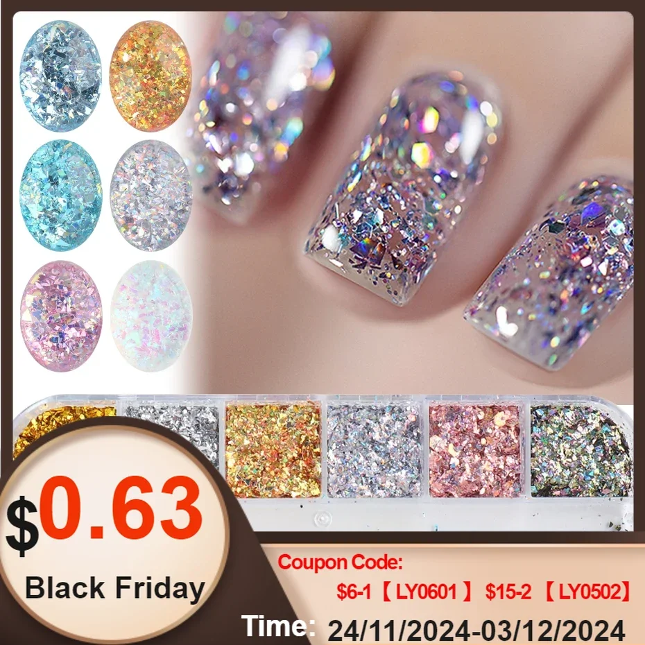 6/12 Grids Mermaid Gradient 3D Glitter Pallette Nail Art Irregular Broken Glass Flake Sequin Crystal Acrylic Nails Decor LYJX03