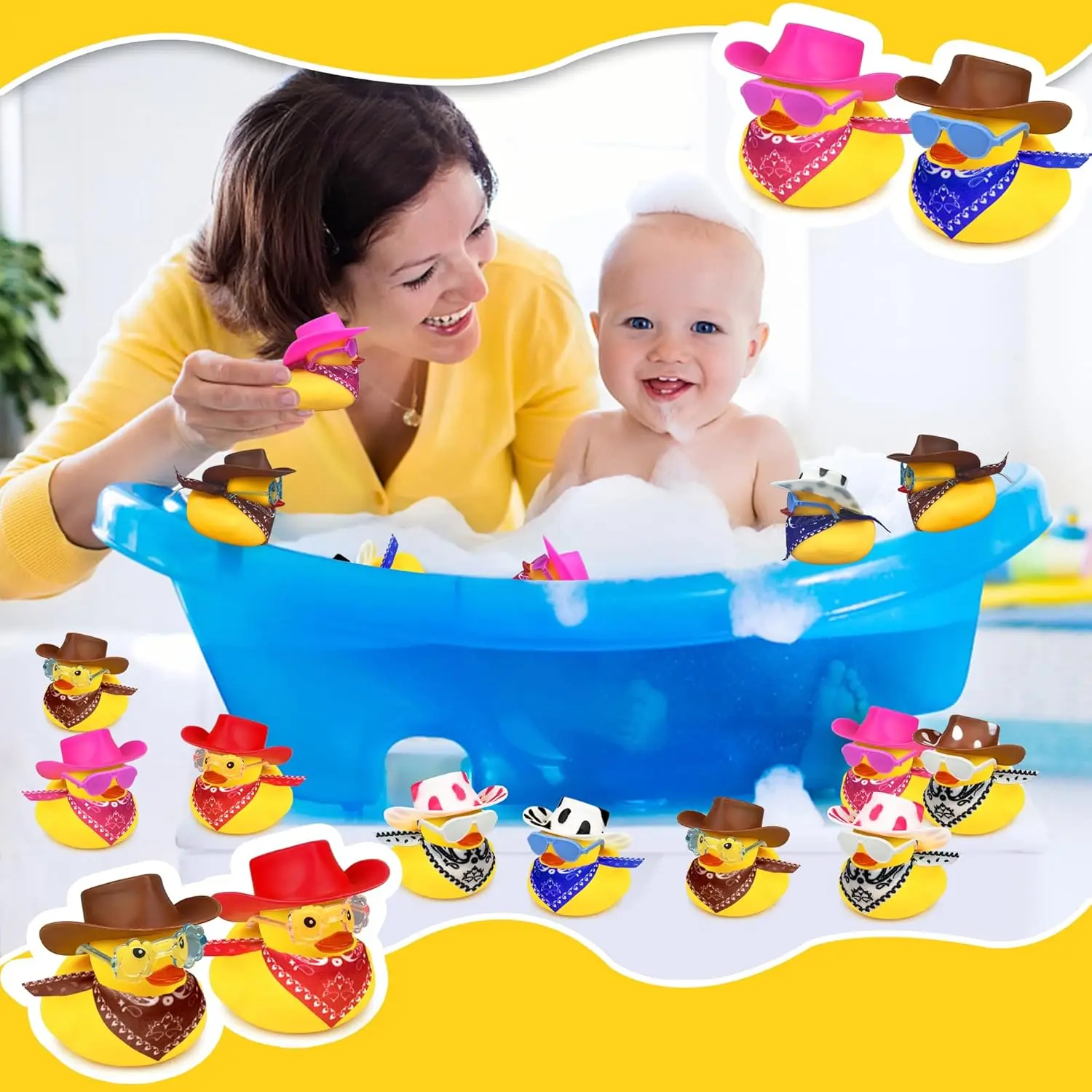 12 PCS Cowboy Duck with Hat and Sunglasses Mini Duckies Toys for Birthday Swimming Party Gift Favor
